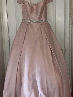 Blush Pink Off-Shoulder Ball Gown with Crystal Waist